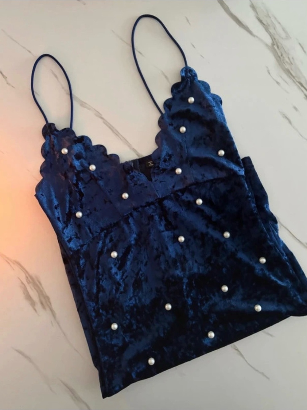 SHEIN Navy Blue Velvet Pearl-Embellished Scalloped Cami